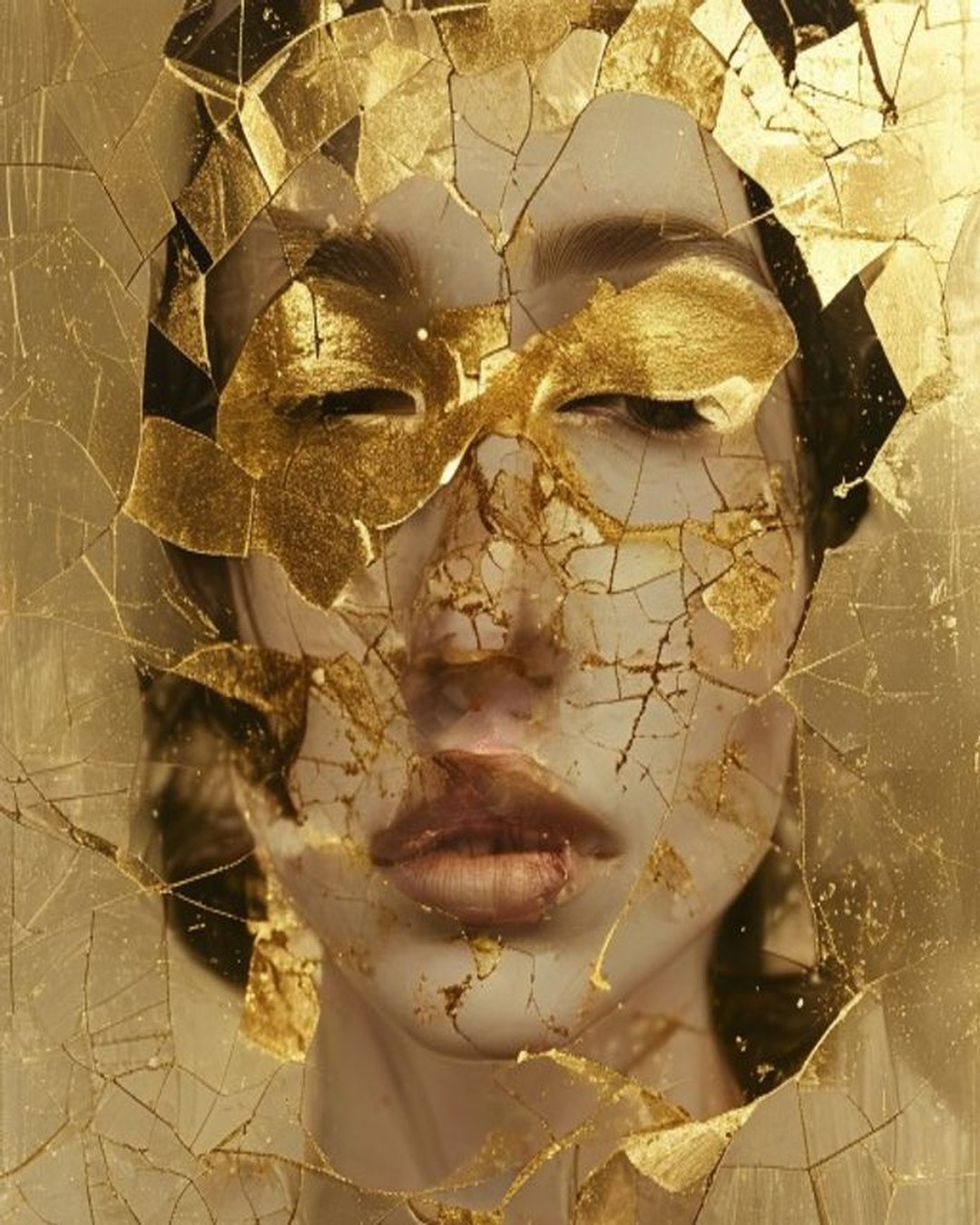 Surreal portrait with golden kintsugi-like seams running through it