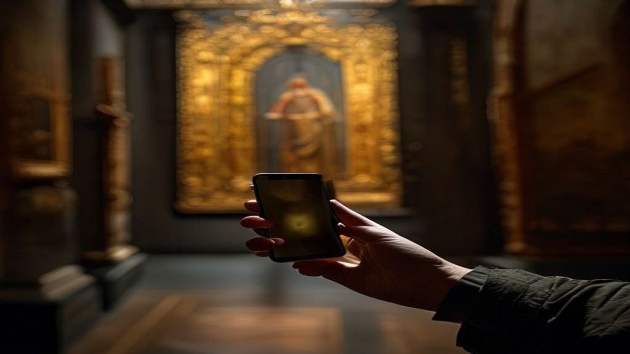 A hand holds a smartphone framing a glowing gold-ground Gothic altarpiece panel in a dark museum, a Google Lens search for a lost painting