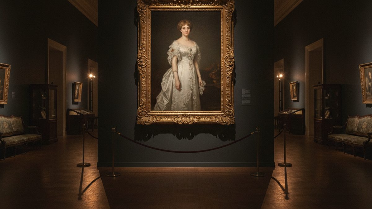 A gilded portrait of an elegant young woman spotlit in a dim gallery, evoking Klimt Portrait of Elisabeth Lederer