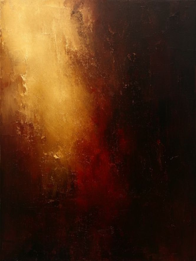Descending Light &mdash; moody chiaroscuro contemporary painting in gold and deep burgundy