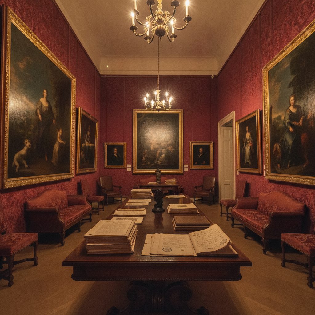 An elegant auction viewing room with classical paintings and provenance documents