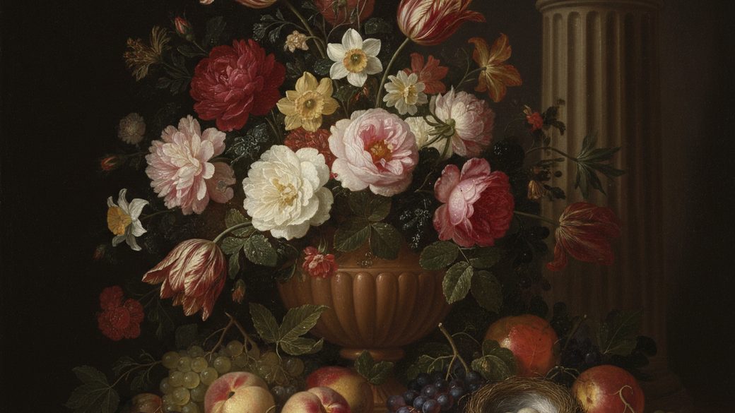 An opulent Dutch Golden Age still life of flowers and fruit in the manner of Jan van Huysum, lit in dramatic chiaroscuro