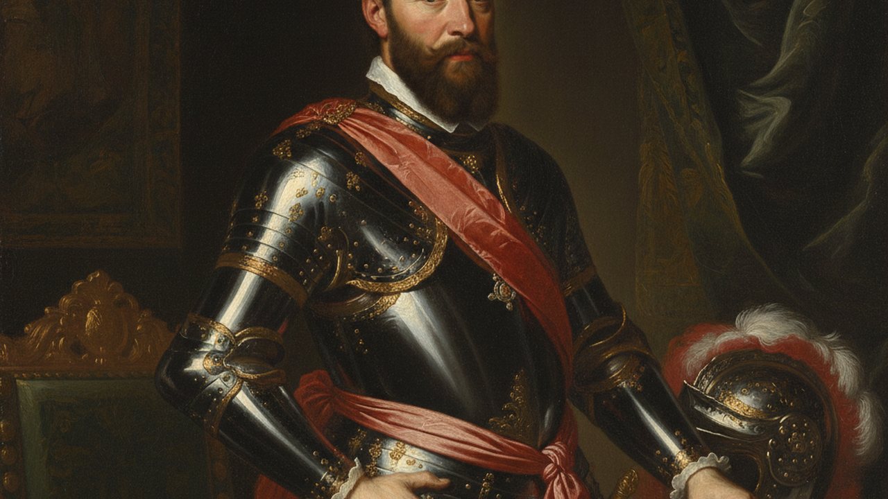 A Baroque portrait of the Count-Duke of Olivares in gold-trimmed armour and a crimson sash, spotlit against darkness in the manner of the young Vel&aacute;zquez